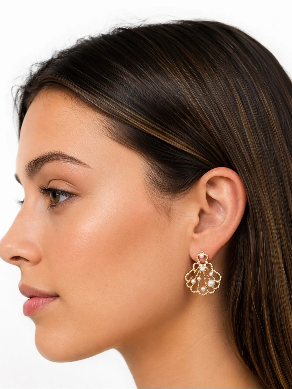 Gold Pearl Shell-Frame Drop Earrings